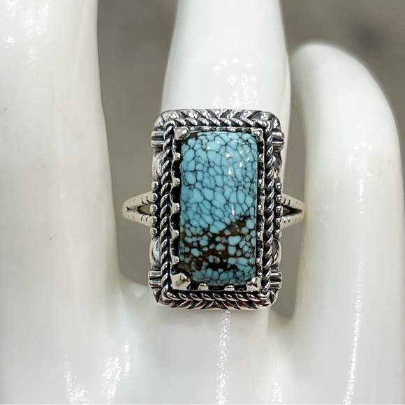 Blue Moon Turquoise Black Oxidized Sterling Silver Rectangular BOHO Ring Sz 7 - Picture 6 of 10